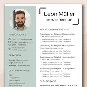 May include: A resume template with a headshot of a person, a section for personal information, a section for languages spoken, a section for qualifications, and a section for work experience. The resume is in German.