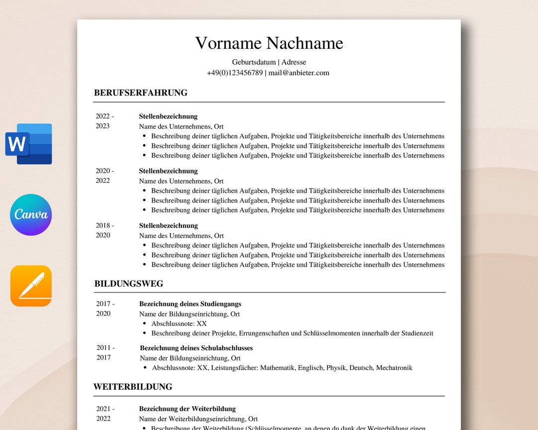 Bewerbungsvorlage Lebenslauf Word Pages Und Canva Tabellarischer bewerbungsvorlage-lebenslauf-word-pages-und-canva-tabellarischer