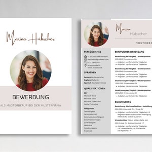May include: A resume template featuring a smiling woman's photo. The resume is written in German and includes personal details, work history, education, and skills.