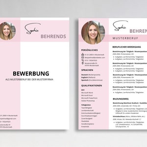 Könnte beinhalten: Eine rosa und weiße Lebenslaufvorlage mit einem Foto einer Frau, dem Namen Sophie Behrends und dem Text "Bewerbung als Musterberuf bei der Musterfirma".