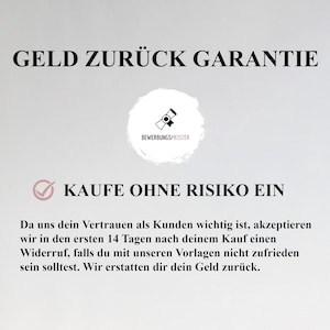 Pu&ograve; includere: Uno sfondo bianco con testo nero che dice "GELD ZUR&Uuml;CK GARANTIE" e "KAUFE OHNE RISIKO EIN". Una piccola icona in bianco e nero di un diploma con un sigillo si trova nell'angolo in alto a destra. Il testo sotto l'intestazione dice "Da uns dein Vertrauen als Kunden wichtig ist, akzeptieren wir in den ersten 14 Tagen nach deinem Kauf einen Widerruf, falls du mit unseren Vorlagen nicht zufrieden sein solltest. Wir erstatten dir dein Geld zur&uuml;ck."