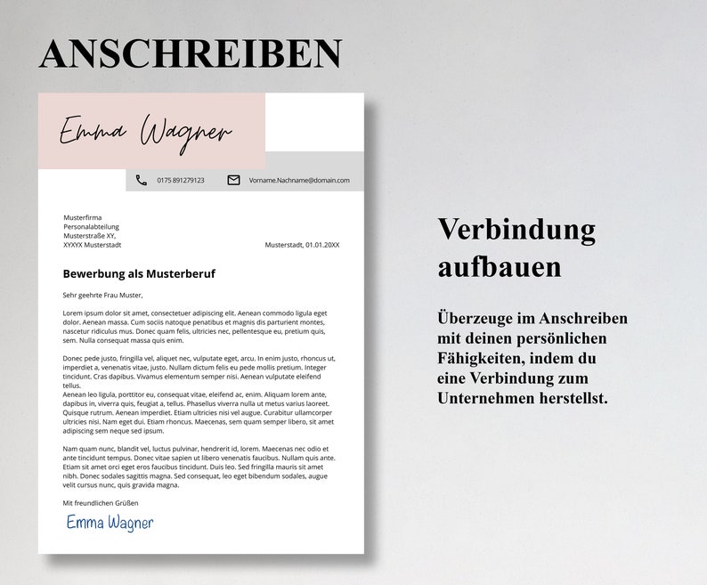 Pu&ograve; includere: Un documento rosa chiaro e bianco con il titolo "ANSCHREIBEN" in testo nero. Il documento &egrave; un modello di lettera di presentazione con il nome "Emma Wagner" in scrittura corsiva. Il documento include il testo "Bewerbung als Musterberuf" e "Verbindung aufbauen".