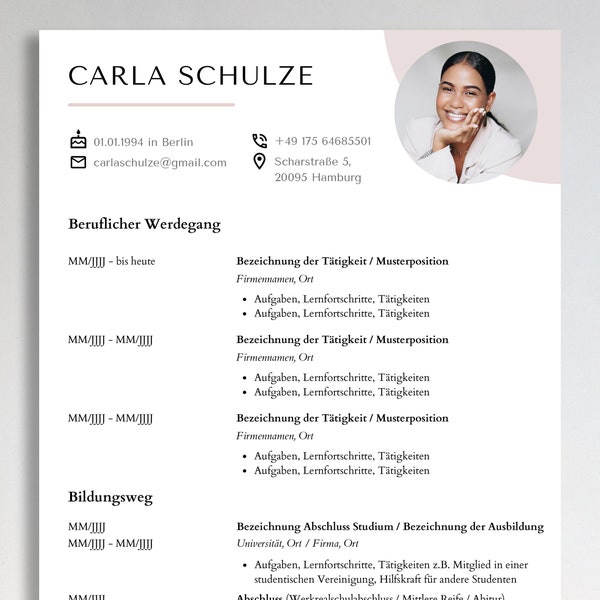 Application template German modern simple rose white with cover sheet and cover letter | Incl. tabular CV for Canva without Word CV