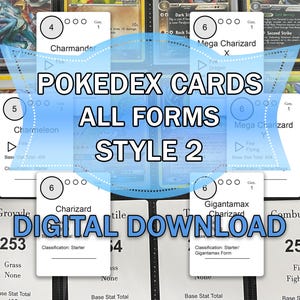 Op de afbeelding: Een verzameling ruilkaarten in een plastic maphoes, met een blauwe banner met de witte tekst POKEDEX CARDS ALL FORMS STYLE 2 en de blauwe tekst DIGITAL DOWNLOAD, voorzien van diverse illustraties van verschillende personages.