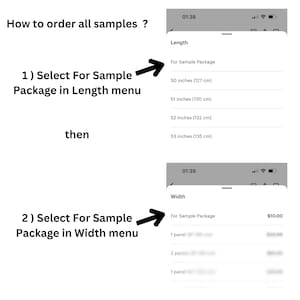 Pode incluir: Uma captura de ecr&atilde; de um ecr&atilde; de telem&oacute;vel que mostra como encomendar amostras. O ecr&atilde; mostra dois menus: Comprimento e Largura. O menu Comprimento tem op&ccedil;&otilde;es para 50 polegadas (127 cm), 51 polegadas (130 cm), 52 polegadas (132 cm) e 53 polegadas (135 cm). O menu Largura tem op&ccedil;&otilde;es para 1 painel, 2 pain&eacute;is e 1 painel.