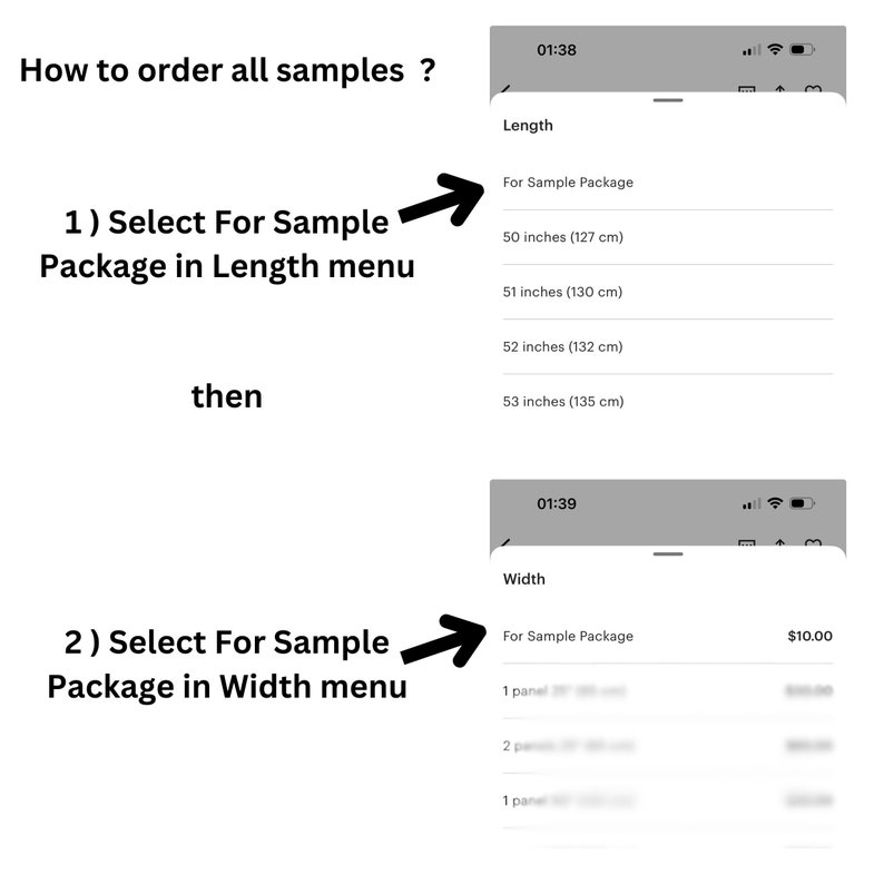 Pode incluir: Uma captura de ecr&atilde; de um ecr&atilde; de telem&oacute;vel que mostra como encomendar amostras. O ecr&atilde; mostra dois menus: Comprimento e Largura. O menu Comprimento tem op&ccedil;&otilde;es para 50 polegadas (127 cm), 51 polegadas (130 cm), 52 polegadas (132 cm) e 53 polegadas (135 cm). O menu Largura tem op&ccedil;&otilde;es para 1 painel, 2 pain&eacute;is e 1 painel.