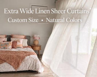 May include: Extra wide linen sheer curtains in a light beige tone hanging in front of a glass sliding door. The text on the image reads: Extra Wide Linen Sheer Curtains, Custom Size • Natural Colors. These curtains have a soft, semi-transparent texture.