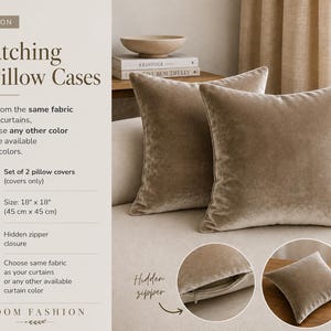 May include: A set of two square beige velvet pillow covers measuring 18 inches by 18 inches. The covers feature a hidden zipper closure. Text on the image includes Matching 2 Pillow Cases, Set of 2 pillow covers, Size: 18 x 18, and NOOM FASHION.
