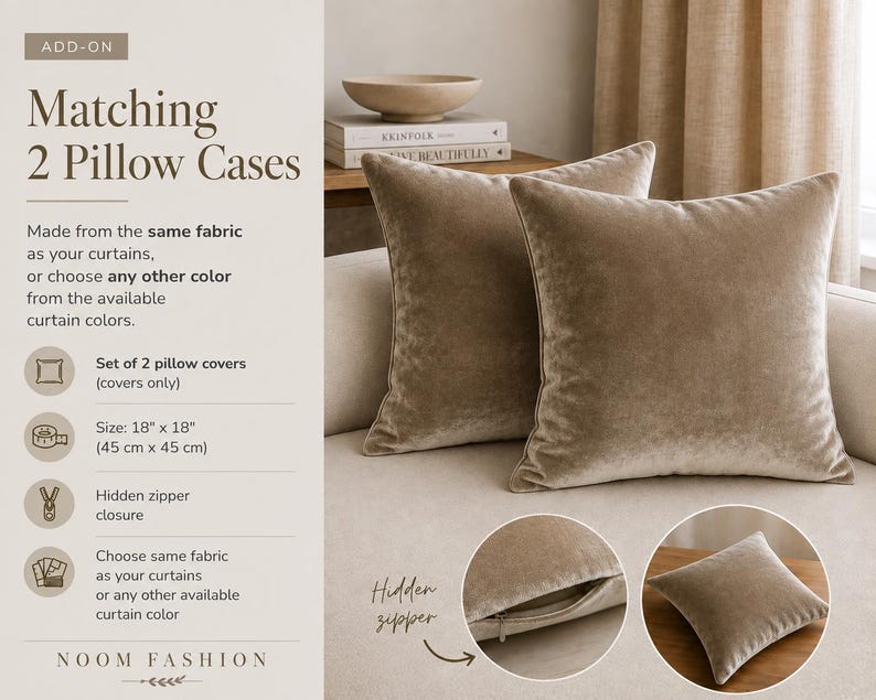 May include: A set of two square beige velvet pillow covers measuring 18 inches by 18 inches. The covers feature a hidden zipper closure. Text on the image includes Matching 2 Pillow Cases, Set of 2 pillow covers, Size: 18 x 18, and NOOM FASHION.
