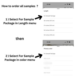 May include: A digital instructional graphic showing how to order samples. It displays two mobile phone interface menus labeled Length and Primary color, each with the option For Sample Package selected, accompanied by numbered text instructions.