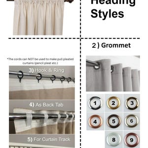 May include: A visual guide titled Heading Styles displaying five curtain hanging methods: 1) Rod Pocket, 2) Grommet, 3) Hook & Ring, 4) As Back Tab, and 5) For Curtain Track. It includes a grid of twelve numbered grommet color options.