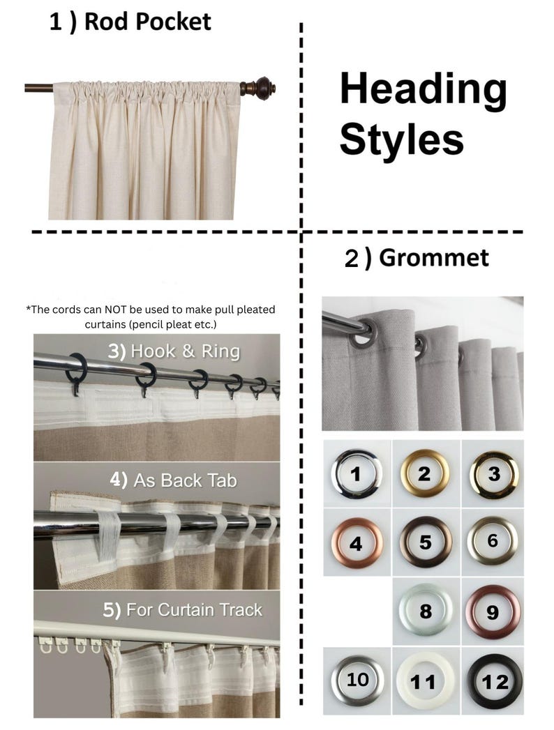 May include: A visual guide titled Heading Styles displaying five curtain hanging methods: 1) Rod Pocket, 2) Grommet, 3) Hook & Ring, 4) As Back Tab, and 5) For Curtain Track. It includes a grid of twelve numbered grommet color options.