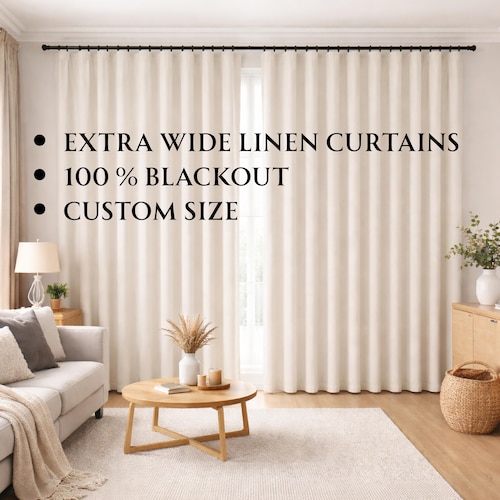 Extra Wide 100 % Blackout Lined Linen Curtains for Bedroom, Blackout Drapery for Living room, Nursery, Custom Size Blackout Curtains