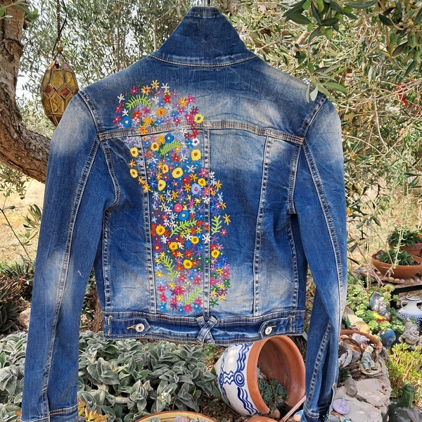 Hand Embroidered Jean Jacket Etsy