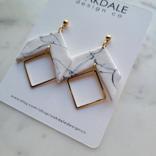 Chevron and Square Metal Earring | Polymer Clay Earring | Angled Square Dangle | Lightweight | Handmade | "The Heather"