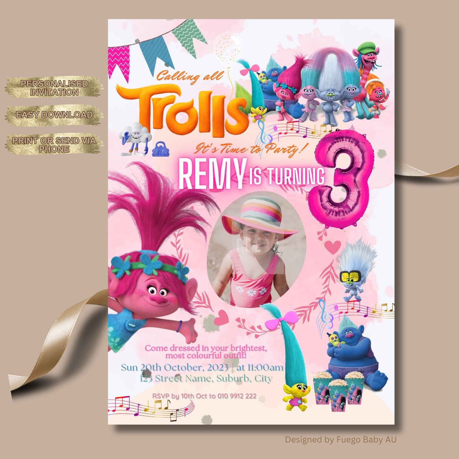 Trolls Birthday Digital Invitation Printable Personalised Girls Kids ...