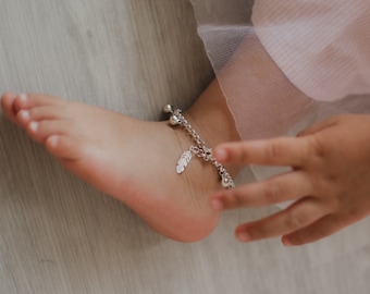 Sterling Silver Baby Anklet with Bells and Feather Charm