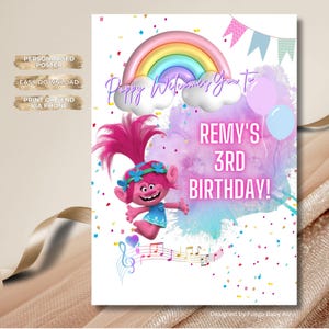 Póster de bienvenida para niña de cumpleaños de Trolls, imprimible, personalizado, Poppy Girls, fiesta infantil, descargable, digital