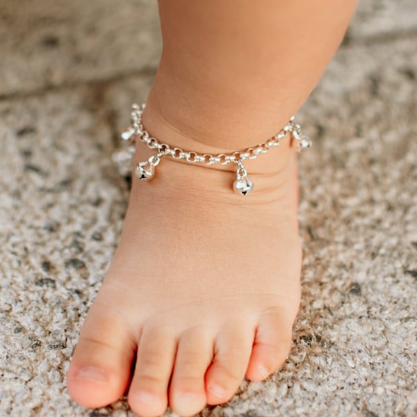 Sterling Silver Baby Anklet with Bells and Loveheart Charm