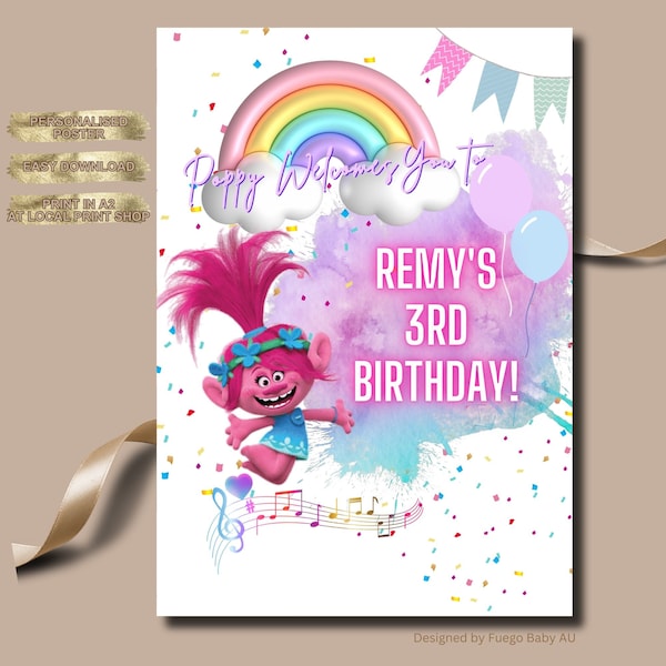 Trolls Birthday Girl Welcome Poster Printable Personalised Poppy Girls Kids Party Downloadable Digital