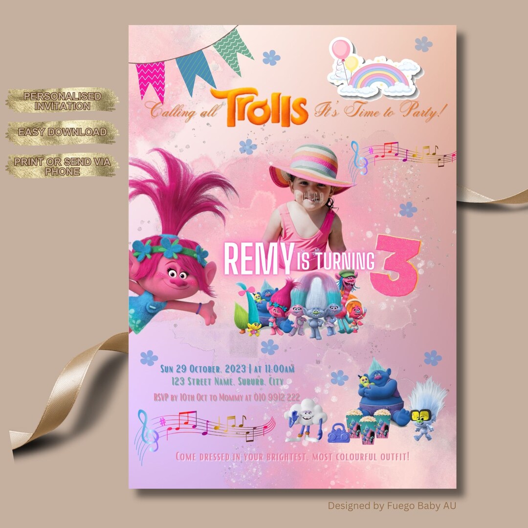 Trolls Birthday Girl Digital Invitation Printable Personalised Girls ...
