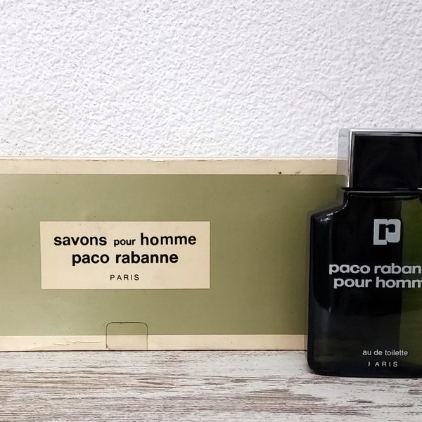 Paco Rabanne pour Homme EDT (eau de toilette) 100ml + Natural Deodorant Spray 150ml + Soaps 100g x 3. Discontinued vintage formula.