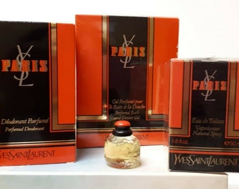 Paris YSL, Yves Saint Laurent EDT (eau de toilette) 50ml + Déodorant Parfumé 150ml + Gel Douche 200ml + Mini. Abandonné vintage années 80.