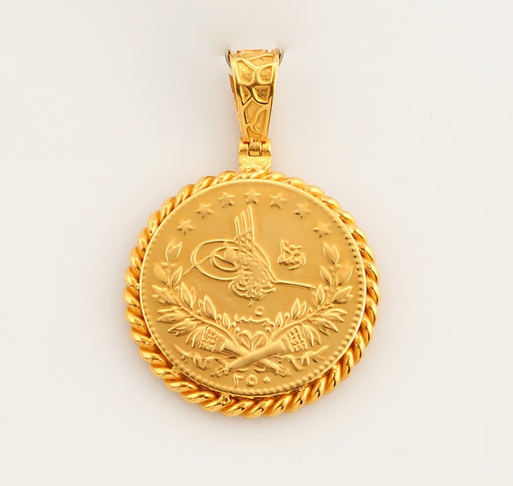22K Solid Gold Ottoman Signature Coin Pendant Dainty Coin - Etsy
