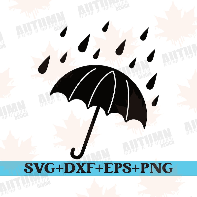 Puede incluir: Silueta en blanco y negro de un paraguas con gotas de lluvia cayendo sobre &eacute;l. El texto "SVG+DXF+EPS+PNG" est&aacute; debajo del paraguas.