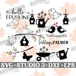 Könnte beinhalten: Schwarz-weiße Vektorillustrationen von Frühlingsmotiven, darunter Vögel, Blumen, eine Gießkanne, eine Schubkarre, ein Vogelhaus und der Text "hallo FRÜHLING", "Frühlingsgefühle" und "Frühlings ZAUBER".