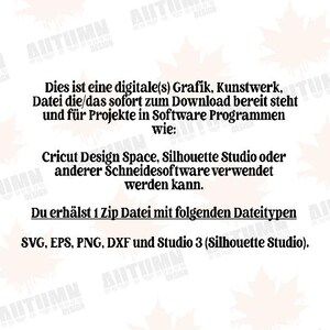 K&ouml;nnte beinhalten: Wei&szlig;er Hintergrund mit schwarzem Text, einschlie&szlig;lich "Dies ist eine digitale(s) Grafik, Kunstwerk" und Informationen zu Dateitypen. Der Text erw&auml;hnt auch die Kompatibilit&auml;t mit Cricut Design Space und Silhouette Studio.