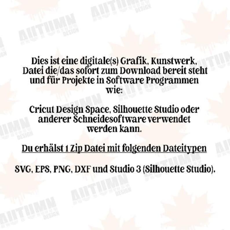 K&ouml;nnte beinhalten: Wei&szlig;er Hintergrund mit schwarzem Text, einschlie&szlig;lich "Dies ist eine digitale(s) Grafik, Kunstwerk" und Informationen zu Dateitypen. Der Text erw&auml;hnt auch die Kompatibilit&auml;t mit Cricut Design Space und Silhouette Studio.