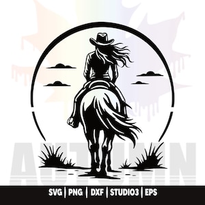 May include: Black and white silhouette of a person riding a horse, wearing a cowboy hat, within a circular frame. The image includes stylized clouds and grass, with file type indicators at the bottom.