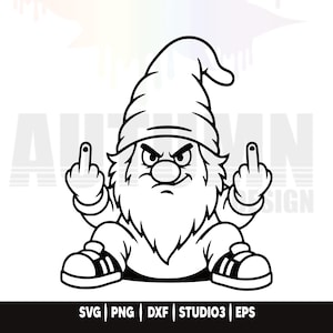 Könnte beinhalten: Eine schwarz-weiße grafische Illustration eines mürrischen Gnoms mit hoher Mütze und Turnschuhen, der sitzt und beide Mittelfinger zeigt. Das Design hat kräftige Umrisse und enthält den Text SVG | PNG | DXF | STUDIO3 | EPS.