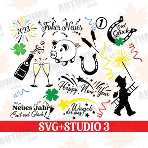 Archivo trazador Nochevieja paquete deshollinador cerdo cohete Año Nuevo champán svg Studio 3 clipart archivo de corte uso comercial