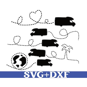 Könnte beinhalten: Schwarz-weiße Silhouette eines Wohnmobils, das auf einem gepunkteten Linienweg fährt. Der Weg führt zu einem Herzen, einer Palme und einem Globus. Der Text "SVG+DXF" befindet sich am unteren Rand des Bildes.