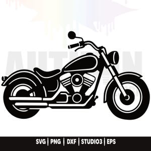 May include: A black silhouette graphic of a cruiser motorcycle featuring a prominent fuel tank, a V-twin engine, dual exhaust pipes, and a round headlight. The text SVG, PNG, DXF, STUDIO3, EPS is displayed at the bottom of the image.