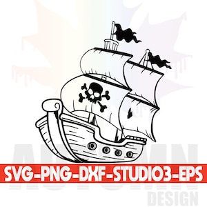 Puede incluir: Una ilustración en blanco y negro de un barco pirata con una calavera y huesos cruzados en la vela. El barco tiene tres mástiles y un casco grande y curvo.