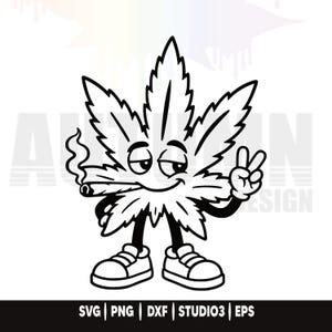 Könnte beinhalten: Eine schwarz-weiße Cartoon-Illustration einer Cannabisblatt-Figur mit lächelndem Gesicht, schläfrigen Augen sowie Armen und Beinen. Die Figur hält eine brennende Zigarette im Mund und zeigt mit einer Hand das Friedenszeichen, während sie Turnschuhe trägt.
