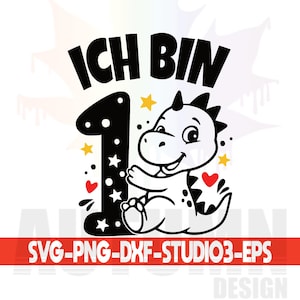 Puede incluir: Diseño gráfico en blanco y negro con el texto "ICH BIN 1" encima de un dinosaurio de dibujos animados. El número uno es negro con estrellas y puntos blancos. El dinosaurio es blanco con detalles negros, rodeado de estrellas amarillas y corazones rojos.