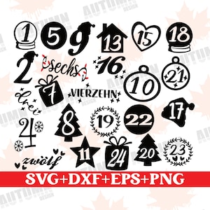 Könnte beinhalten: Schwarz-weiße Weihnachts-Adventskalender-Nummern von 1 bis 24 mit verschiedenen Designs. Die Zahlen sind in einem Kreis, einem Stern, einem Haus, einem Baum, einer Glocke, einem Kranz, einer Geschenkbox und einer Schneekugel. Die Zahlen 2, 7, 16 und 24 haben deutsche Wörter daneben geschrieben.