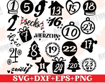 May include: Black and white Christmas advent calendar numbers 1 through 24 with various designs. The numbers are in a circle, a star, a house, a tree, a bell, a wreath, a gift box, and a snow globe. The numbers 2, 7, 16, and 24 have German words written next to them.