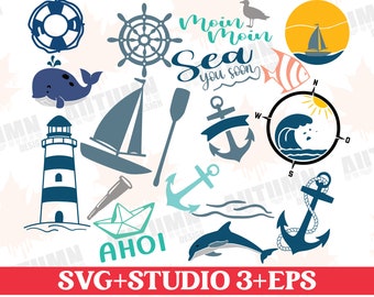 Plotter file Maritime Nautical svg Summer Seafaring Sea Anchor Holiday Beach Seagull Moin Lighthouse Silhouette Cutting File Svg Eps Studio3