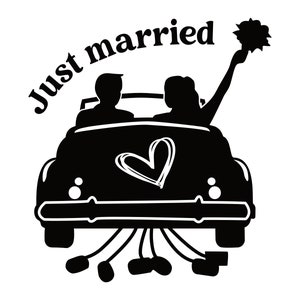 Könnte beinhalten: Schwarz-weiße Silhouette eines Paares in einem Auto mit dem Text "just married" darüber. Das Auto hat ein Herz auf die Heckscheibe gemalt und eine Schnur mit Dosen am Heck befestigt.