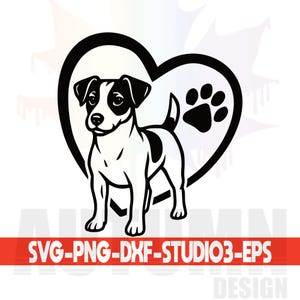 Könnte beinhalten: Schwarz-weiße Illustration eines Jack Russell Terriers in einem Herz mit einem Pfotenabdruck. Der Hund hat schwarze Markierungen auf Kopf und Rücken. Der Text "SVG-PNG-DXF-STUDIO3-EPS" ist auf einem roten Banner unten zu sehen.