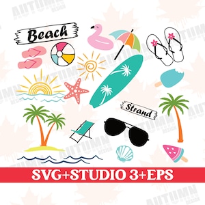May include: A set of colorful summer-themed illustrations, including a beach scene with a palm tree, a surfboard, sunglasses, a beach chair, a seashell, a beach ball, a flamingo float, an umbrella, flip flops, a sun, a starfish, and ice cream. The text "Beach" and "Strand" are also included.