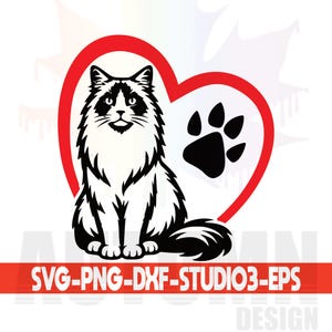 May include: A black and white cat illustration inside a red heart, with a black paw print. The image includes the text "SVG-PNG-DXF-STUDIO3-EPS" on a red banner, suitable for pet-themed designs.