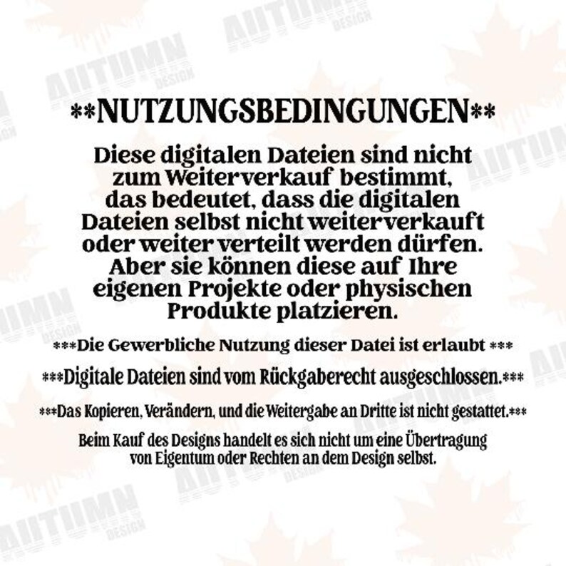 Puede incluir: Texto en blanco y negro sobre un fondo blanco que describe los t&eacute;rminos de uso para archivos digitales. El texto establece que los archivos no est&aacute;n destinados a la reventa y que se permite el uso comercial.