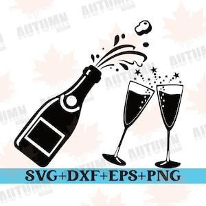 May include: Black and white silhouette of a champagne bottle with a cork popping out and two champagne flutes with stars around them.  SVG+DXF+EPS+PNG.