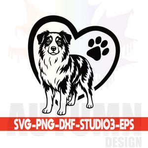 Puede incluir: Gráfico en blanco y negro de un perro pastor australiano dentro de un corazón con una huella de pata. La imagen incluye el texto "SVG-PNG-DXF-STUDIO3-EPS" en una pancarta roja. Ideal para proyectos de manualidades.